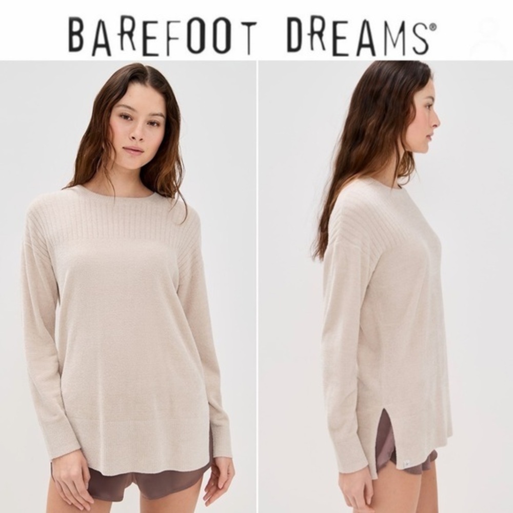 Barefoot Dreams Cozy Chick Ultralight Crewneck Beige High Slits Sweater XS NWT